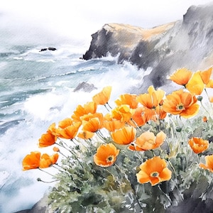 Impresión artística de amapola de California, amapolas, arte de pared costero, arte de pared de paisaje de Big Sur, estilo acuarela floral, póster grande naranja y azul