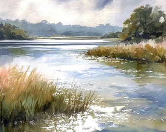 Lake Print Calm Landscape Wall Art Rustic Watercolor Style Forest Lake Nature Decor