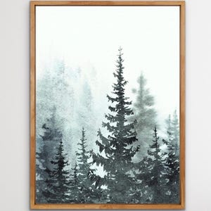 Foggy Trees Print Watercolor Art Pine Tree Painting Minimalist Wall Decor Art Misty Forest Wall Art Evergreen Trees Poster from Original Art