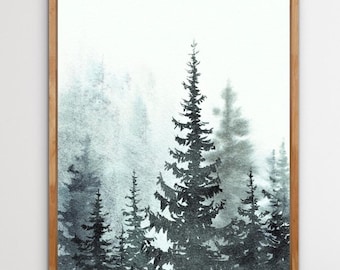Foggy Trees Watercolor Print Pine Tree Wall Art Minimalist Wall Decor Misty Forest Evergreen Trees Poster from Original Painting
