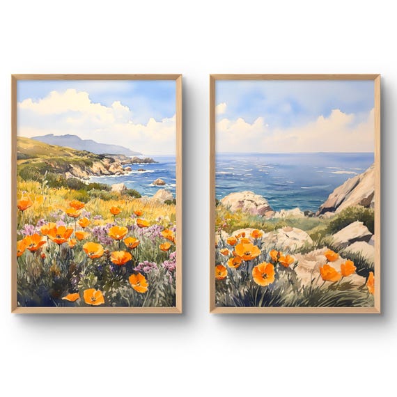 California Poppy Prints Set of 2 Poppies Art Ocean View Wall Art Wildflowers Meadow Print California Coast Wall Decor Big Sur Poster