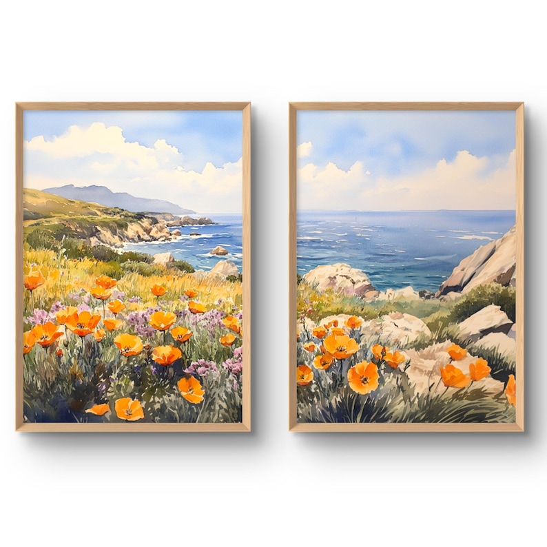 California Poppy Prints Set of 2, coastal landscape with orange wildflowers in the foreground and a blue ocean in the background.