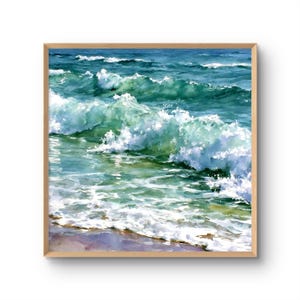 May include: A square framed painting of ocean waves crashing towards the shore. The water transitions from deep blue to turquoise and emerald green, featuring white sea foam and cresting waves captured in a realistic, painterly style.