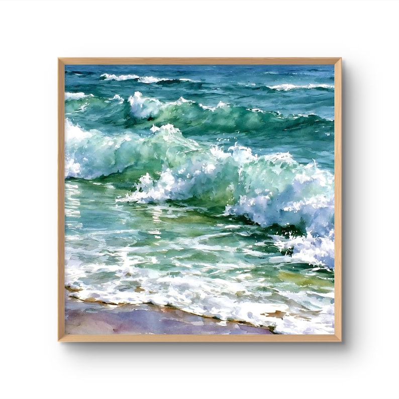 May include: A square framed painting of ocean waves crashing towards the shore. The water transitions from deep blue to turquoise and emerald green, featuring white sea foam and cresting waves captured in a realistic, painterly style.