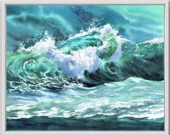 Green Waves Watercolor Print Sea Painting Seascape Ocean Wall Art Coastal Decor Wave Poster from Original Painting