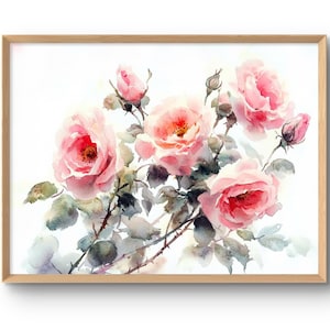 Impresión artística de rosas rosadas, arte de pared, decoración floral, flores de jardín, arte de pared, decoración de pared rústica, estilo acuarela, póster de gran tamaño