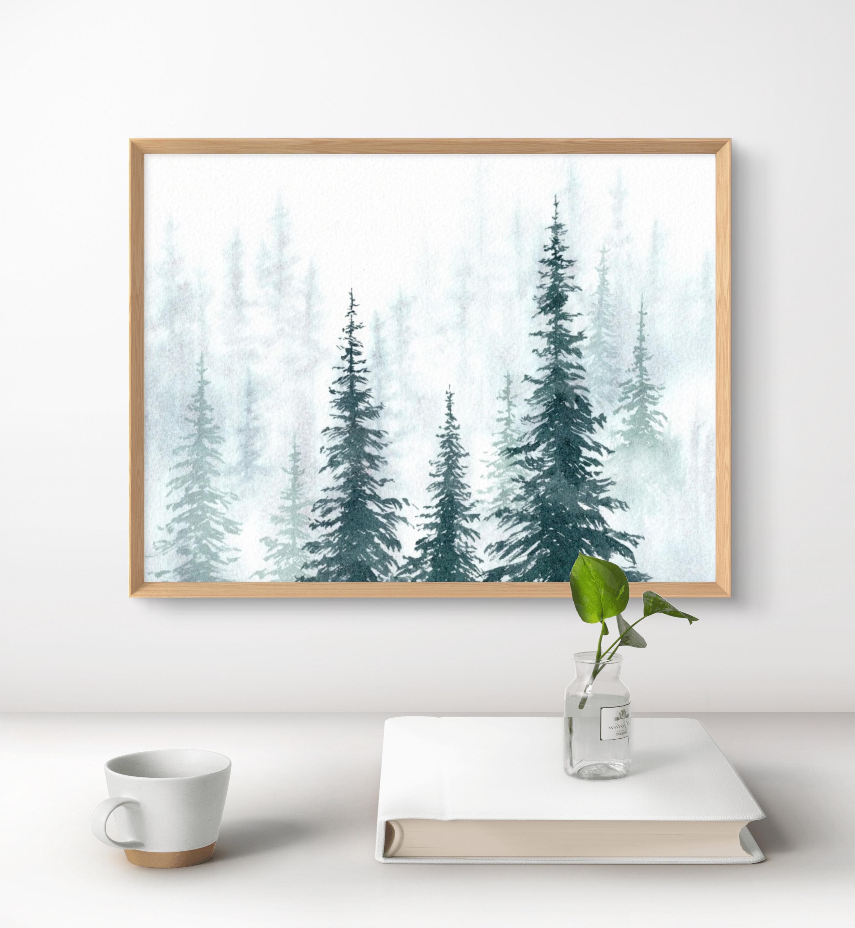 Foggy Forest Watercolor Art Print Minimalist Pine Tree Wall Art Nature ...