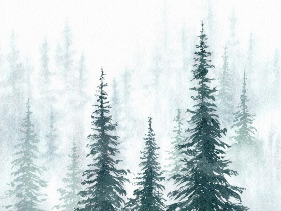 Foggy Forest Watercolor Art Print Minimalist Pine Tree Wall Art Nature ...