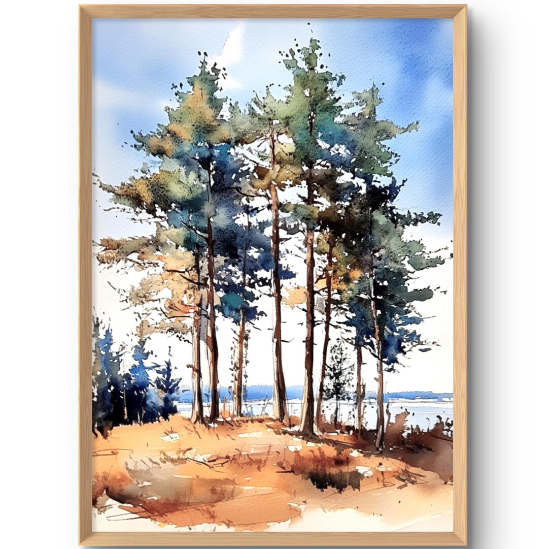 Pine Tree Watercolor Art Print Pine Forest Painting Tree Landscape Wall