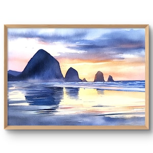 Cannon Beach Art Print Haystack Rock Poster Sunset Seaside Wall Art Oregon Coastal Watercolor Style Large Print Beach Sunset Wall Decor