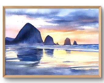 Lámina artística de Cannon Beach, póster de Haystack Rock, arte mural junto al mar al atardecer, estilo acuarela costera de Oregón, lámina grande, decoración de pared al atardecer en la playa