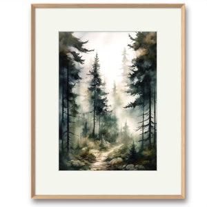 May include: A watercolor painting of a forest path leading into a misty, green forest. The path is lined with tall, dark green trees and the light shines through the branches.