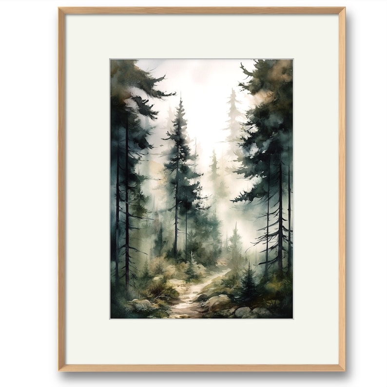 May include: A watercolor painting of a forest path leading into a misty, green forest. The path is lined with tall, dark green trees and the light shines through the branches.