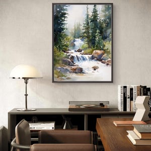 Forest Waterfall Art Print Pine Trees Wall Art Evergreen Forest ...