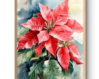 ポインセチアの絵画 クリスマスの花 水彩画 花のアートプリント 赤い
