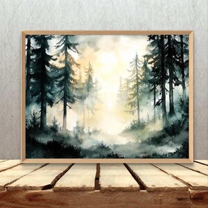 Misty Trees Art Print Pine Forest Wall Art Foggy Landscape Watercolor ...