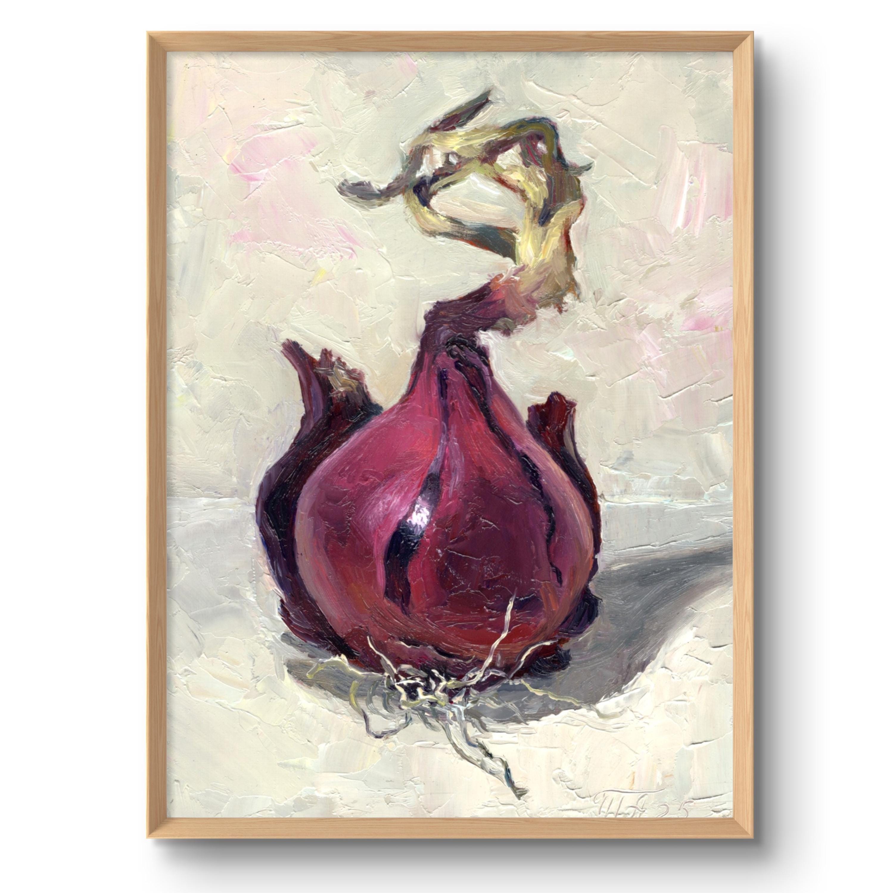 オリジナルの油絵から生まれた、赤玉ねぎの静物画アートプリントの素朴