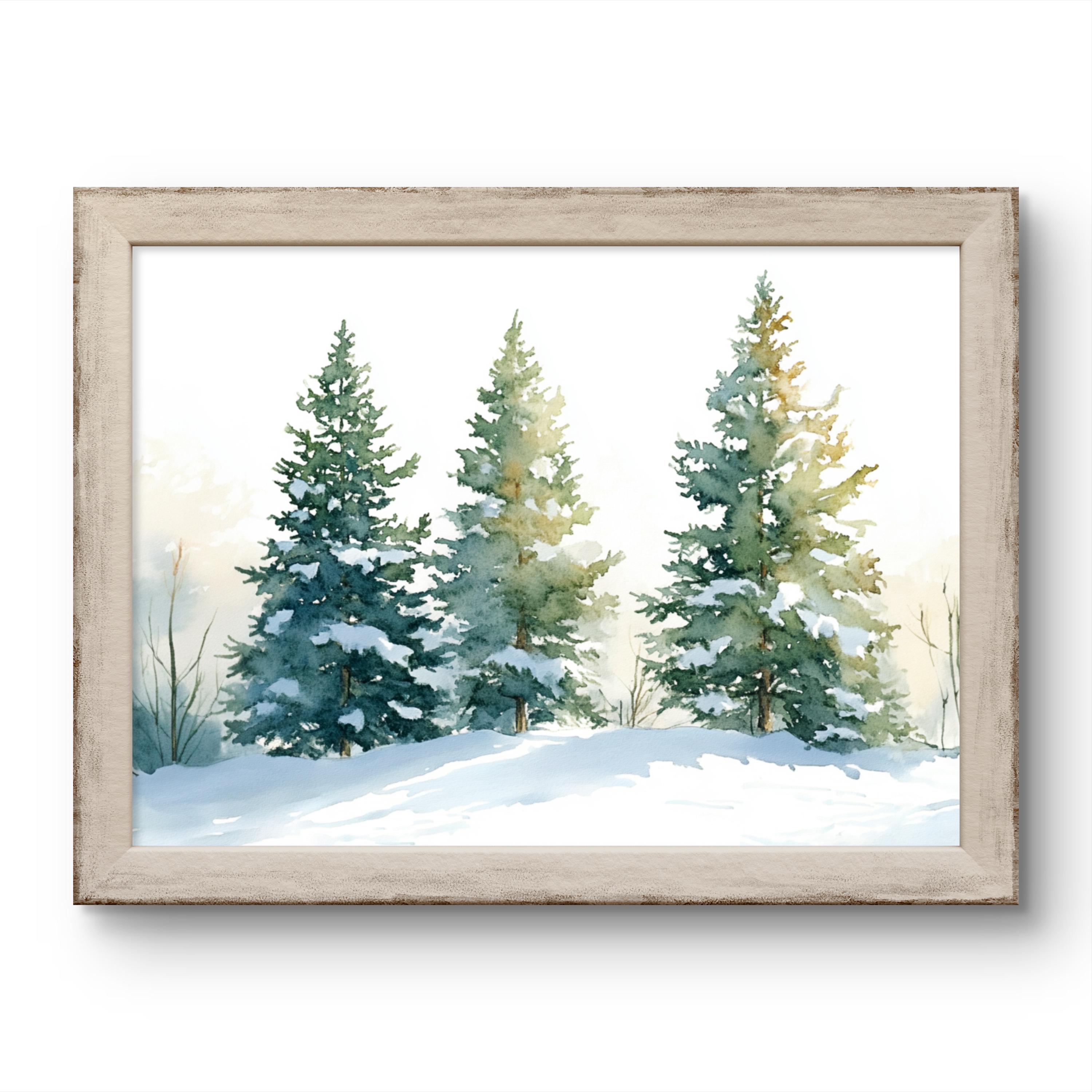 Pine Trees Art Print Evergreen Forest Landscape Watercolor Style Snowy ...