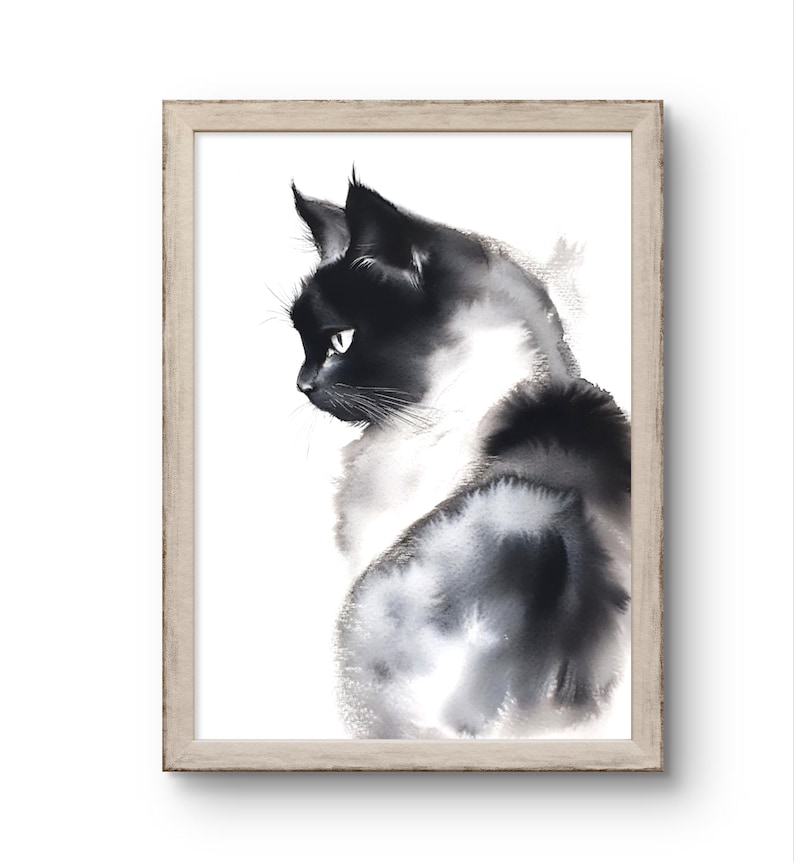 Black Cat Art Print Animal Wall Art Cat Watercolor Style Wal Decor Pets ...