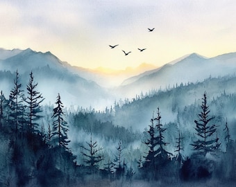Great Smoky Mountains Art Print Pine Forest Painting Watercolor Style Appalachian Mountains Misty Landscape Wall Art Mountain Forest Poster