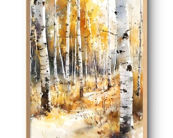 Birch Trees Print Aspen Art Prints Colorado Landscape Wall Art Fall Forest Watercolor Style Poster Woodland Wall Art Rustic Wall Decor