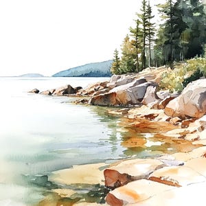 Lake Superior Watercolor Painting Michigan Landscape Print Rock North Shoreline Wall Art Pine Trees Wall Decor Great Lakes Poster