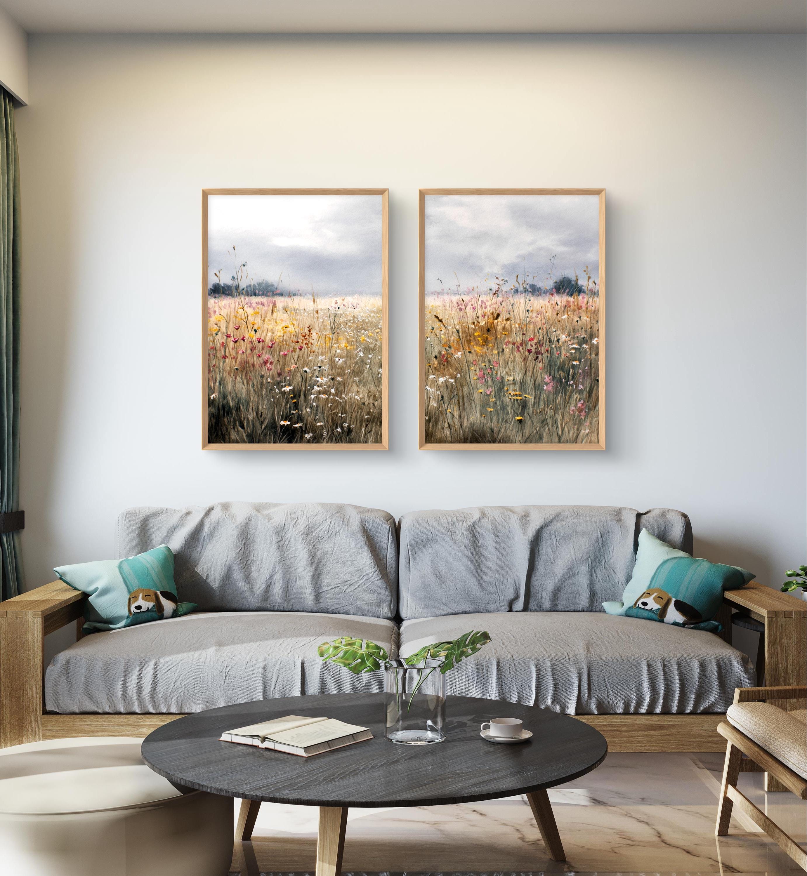 Wildflower Field Art Prints Set of 2 Wall Art Rustic Country Landscape ...