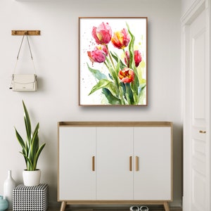 Röda tulpaner konsttryck blommig väggkonst tulpandekor akvarell stil röda blommor stor väggkonst vårblommor poster botanisk väggdekor bild 7