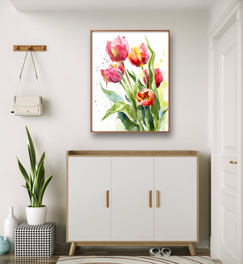 Röda tulpaner konsttryck blommig väggkonst tulpandekor akvarell stil röda blommor stor väggkonst vårblommor poster botanisk väggdekor bild 7