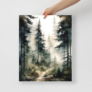 May include: A watercolor painting of a forest path leading into a misty, green forest. The path is lined with tall trees and the light shines through the branches.