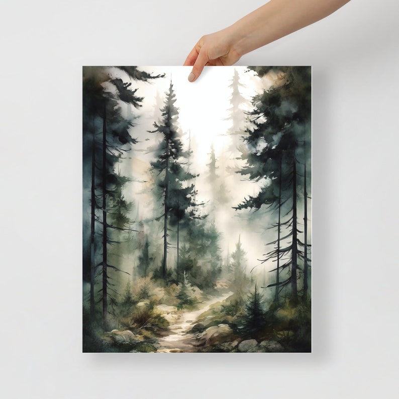 May include: A watercolor painting of a forest path leading into a misty, green forest. The path is lined with tall trees and the light shines through the branches.