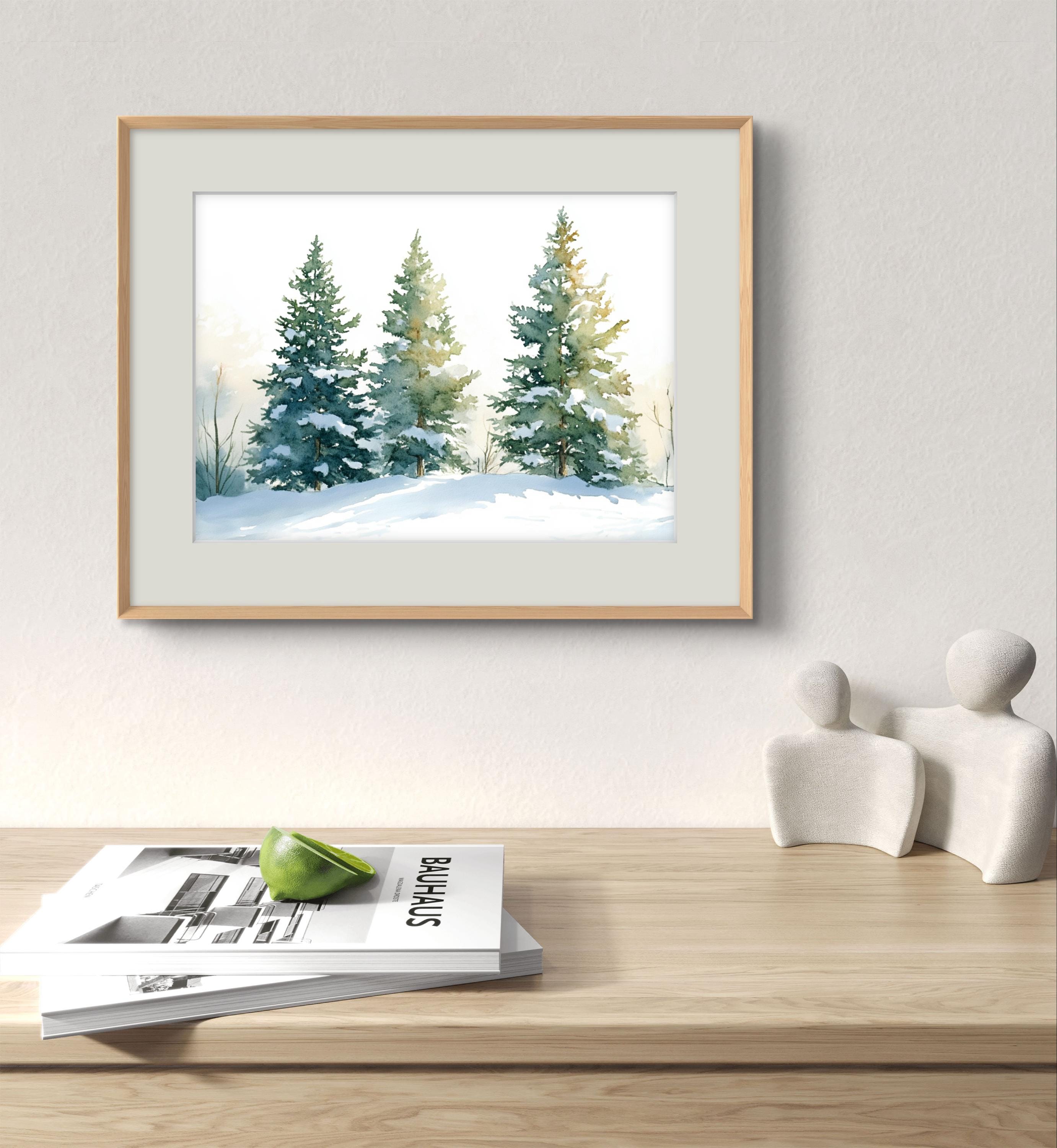 Pine Trees Art Print Evergreen Forest Landscape Watercolor Style Snowy ...