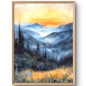 Smoky Mountains Kunstdruck Sonnenuntergang Malerei Appalachen Aquarell Kunst Bergwald Wandkunst Pinien Bäume Poster