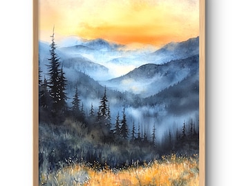 Puede incluir: Una pintura de acuarela de una cordillera con un valle brumoso y neblinoso. El cielo es de un naranja y amarillo vibrantes, con algunas nubes. Las montañas son de un azul y verde intenso, con algunos árboles en primer plano.