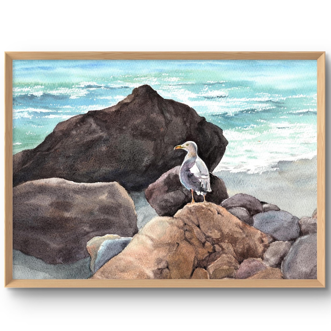 Seagull Art Print Coastal Wall Art Rocky Seashore Watercolor Artwork ...