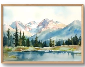 Rocky Mountains Art Print Colorado Wall Art National Park Large Poster Watercolor Style Print Pine Forest Art Lake Colorado Poster