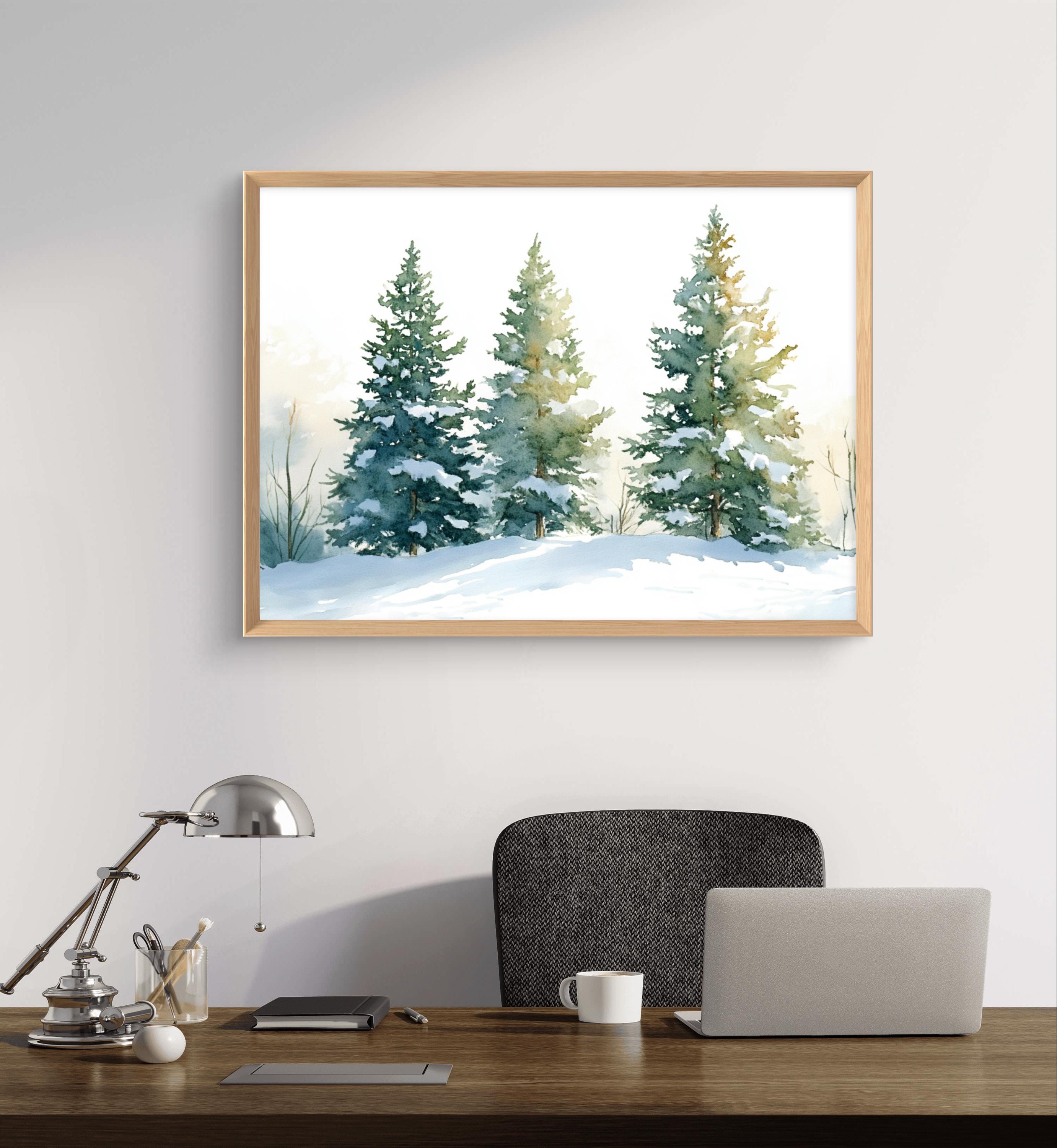Pine Trees Art Print Evergreen Forest Landscape Watercolor Style Snowy ...