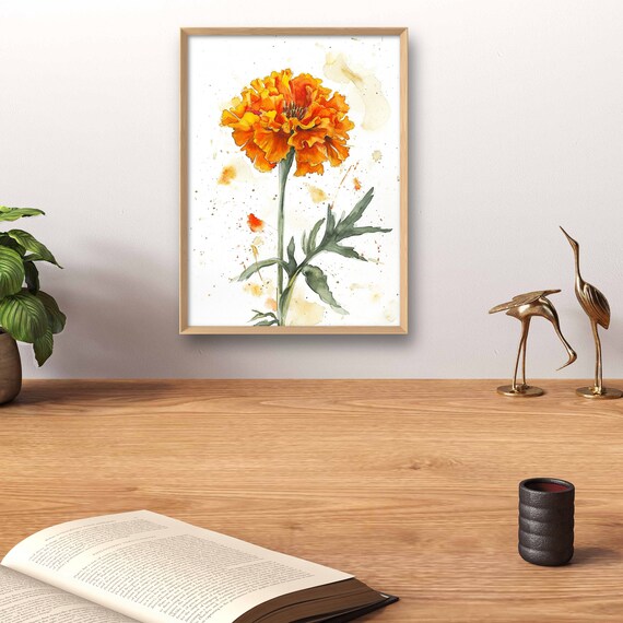 Marigold Art Print Floral Wall Art Watercolor Style Marigold