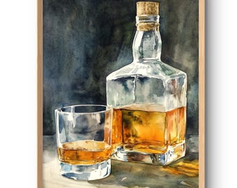 Whiskey Bottle Art Print Alcohol Drink Watercolor Style Old Fashioned Drink Poster Bar Wall Decor Bottle and Glass of Whiskey Poster