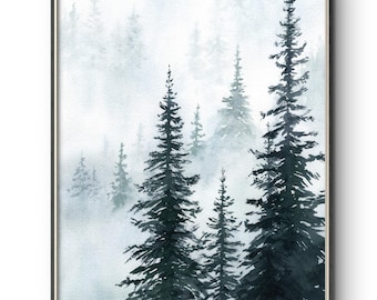 Misty Forest Print: Minimalist Watercolor Pine Tree Wall Art from Original Painting