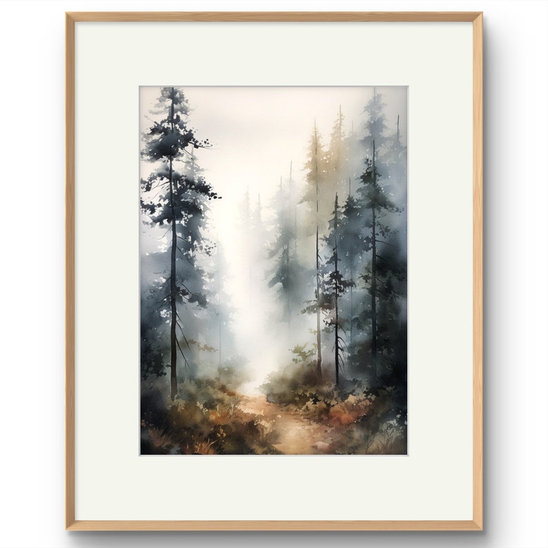 May include: A watercolor painting of a misty forest path with tall trees on either side. The path leads into the distance, where the mist is thickest. The trees are painted in shades of blue and green, and the mist is a soft white.