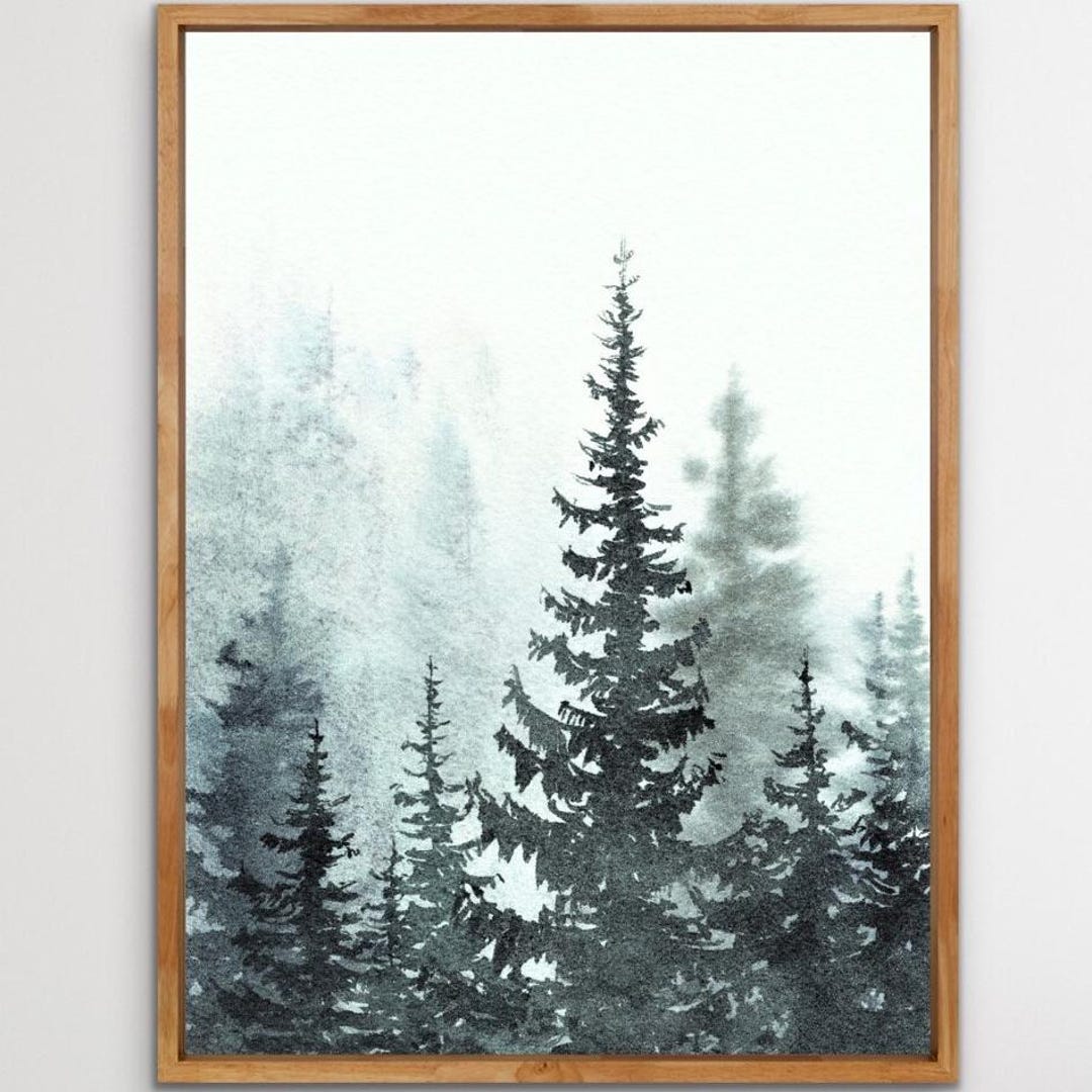 Foggy Trees Watercolor Print Pine Tree Wall Art Minimalist Wall Decor ...