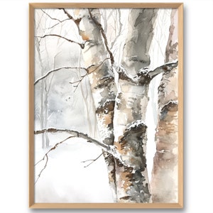 Impresión artística de abedul, paisaje invernal, árboles de Colorado, impresiones artísticas de pared, bosque nevado, estilo acuarela, póster neutro, impresión en tonos tierra