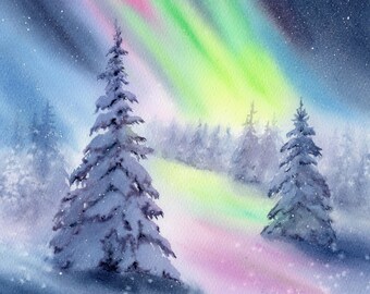 Lámina de acuarela de auroras boreales: Póster de paisaje invernal con pinos nevados a partir de una pintura original.