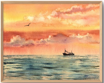 オレンジ色の夕日の壁アートプリント ビーチ 海岸 海 海洋 カラフルな