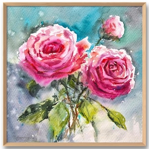 Impresión artística de acuarela de rosas rosadas, pintura de flores, arte de pared floral, decoración de pared rústica, póster de flores rosadas de pintura original