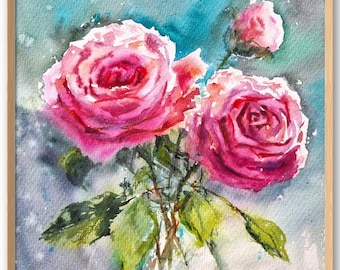 バラの水彩画 花瓶の中のバラの水彩画：ピンクの花の絵画 - Etsy 日本
