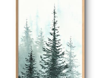 Foggy Trees Art Print Misty Forest Watercolor Painting Minimalistic Wall Art Pine Tree Artwork Calming Wall Decor from Original Painting
