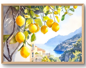 Lemon Tree Art Print Positano Wall Art Italy Decor Italian Watercolor Style Cityscape Amalfi Coast Poster
