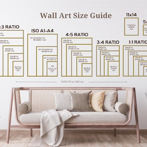 May include: A wall art size guide with different ratios and measurements in inches and centimeters. The guide includes 2:3, ISO A1-A4, 4:5, 3:4, and 1:1 ratios. The guide also includes a sofa measurement of 72 inches or 183 centimeters.